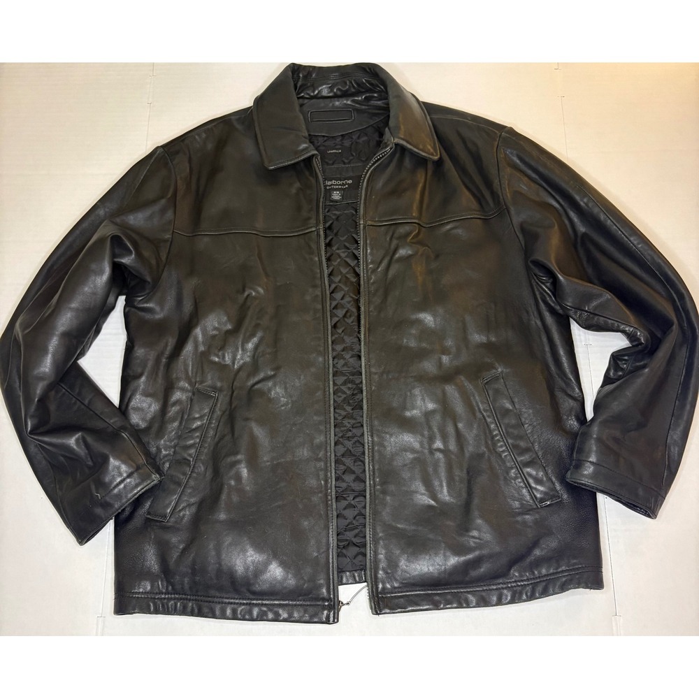 VTG Claiborne Black Genuine Lambskin Leather Quilted Bomber Jacket Mens